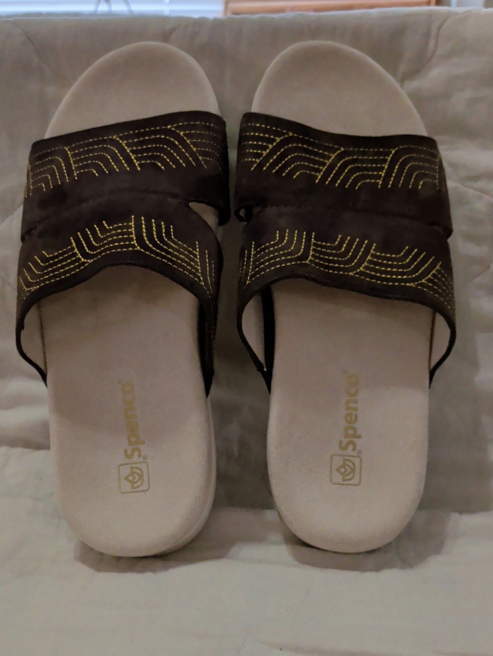 Spenco Twilight Ellie's Brown w/ Gold Stitching Suede Leather Sandals Size 7.5B